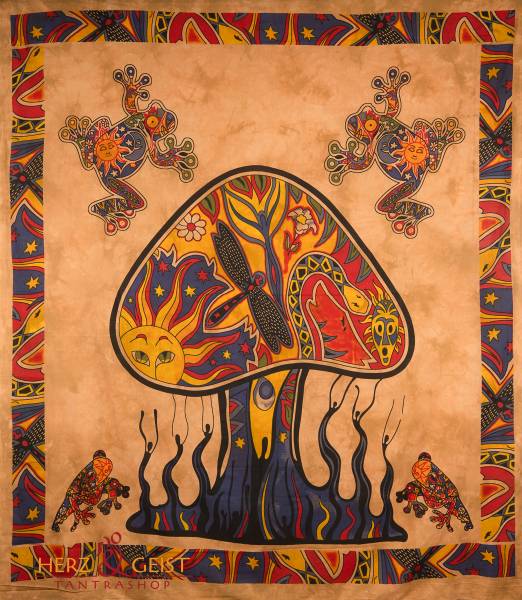 Ritualtuch Tagesdecke Wandbehang - Crazy Mushroom ocker - Doppelt