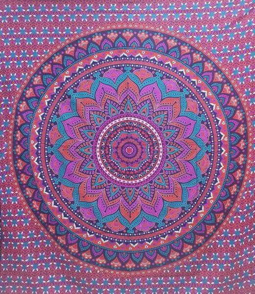 Ritualtuch Tagesdecke Wandbehang - Flower Mandala violett-türkis - Doppelt