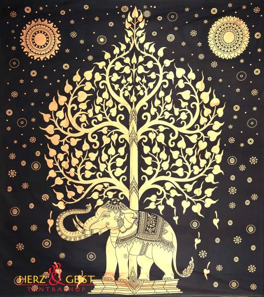 Wandbehang - Elefantenbaum Golddruck schwarz - Doppelt