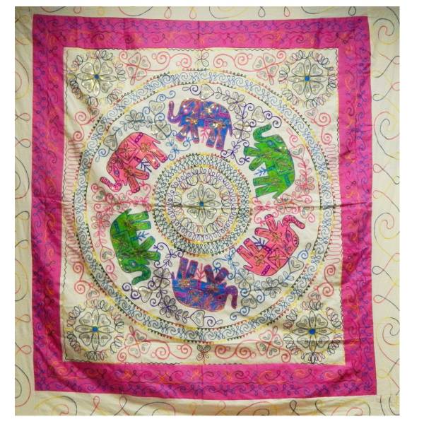 Ritualtuch Tagesdecke Wandbehang - 6 Elefanten im Kreis rosa/bestickt - Doppelt