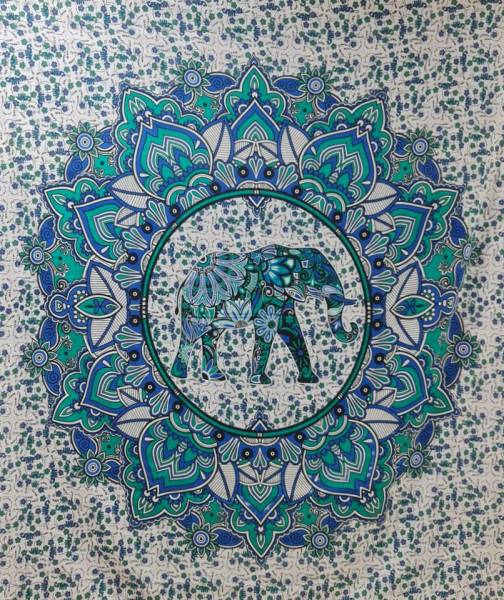 Ritualtuch Tagesdecke Wandbehang - Elefant im Lotuskreis grün/blau - Doppelt