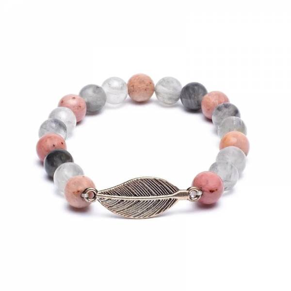 Mala/ Armband Rhodonit und grauer Quarz mit Feder