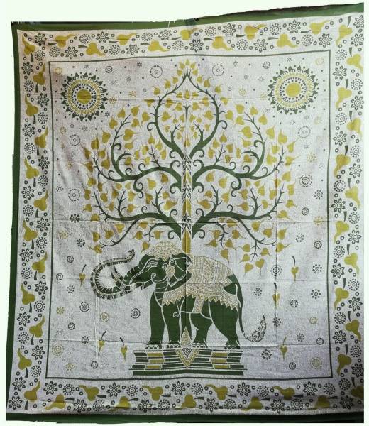 Ritualtuch Tagesdecke Wandbehang - Elefantenbaum olivgrün - Doppelt