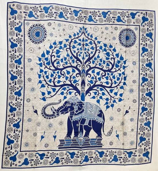 Ritualtuch Tagesdecke Wandbehang - Elefantenbaum blau - Doppelt