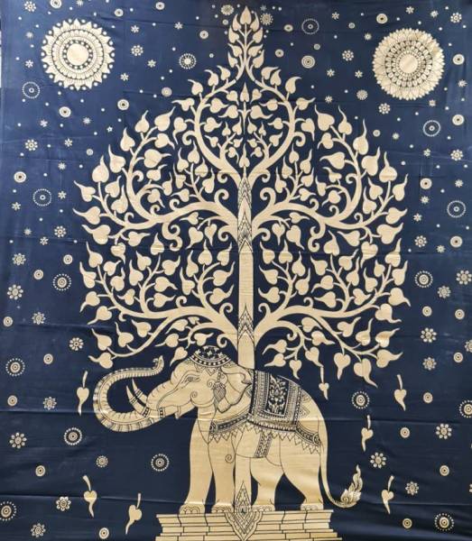 Wandbehang - Elefantenbaum Golddruck schwarz - Doppelt