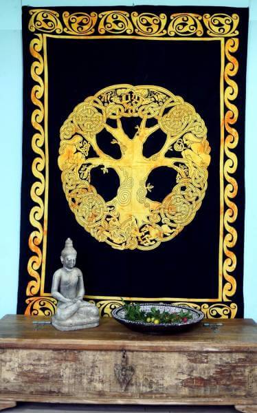 Ritualdecke Tagesdecke Wandbehang Lebensbaum Gold / Schwarz - Normalgröße