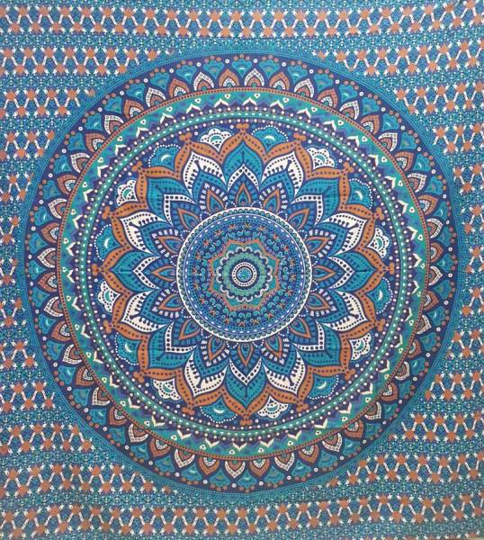 Ritualtuch Tagesdecke Wandbehang - Flower Mandala blau-türkis - Doppelt