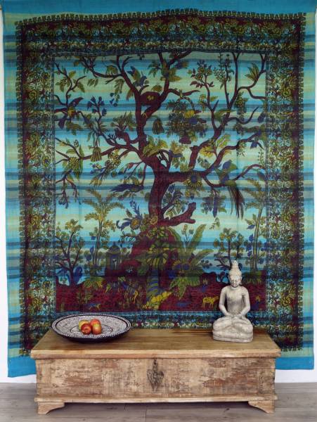 Ritualtuch Tagesdecke Wandbehang - Tree of Life Stripes türkis - Doppelt