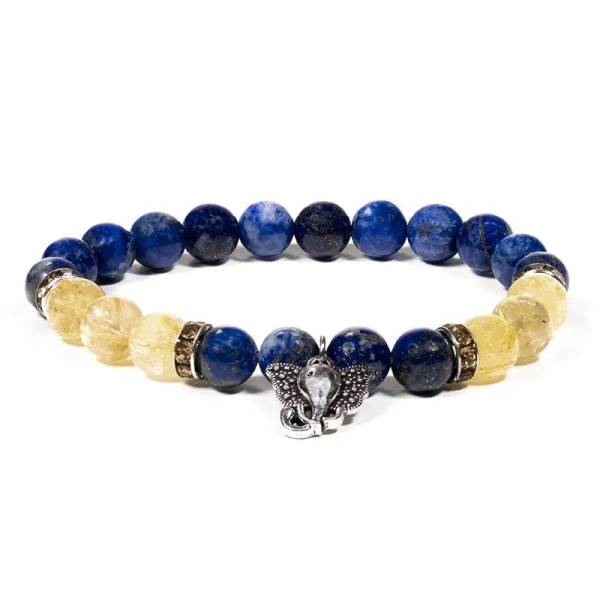 Armband - Lapislazuli / gelber Rutilquarz mit Ganesha - elastisch