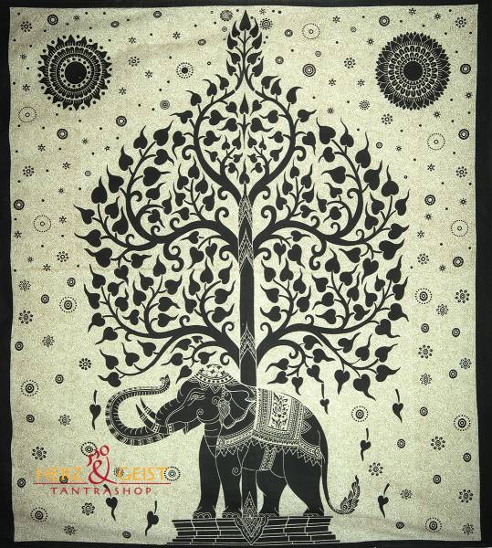 Ritualtuch Tagesdecke Wandbehang - Elefantenbaum SCHWARZ-CREME - Doppelt