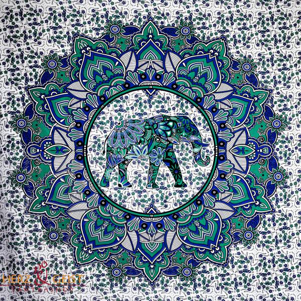 Tagesdecke Wandbehang Ritualdecke - Elefant im Lotuskreis - grün-blau - Doppelt