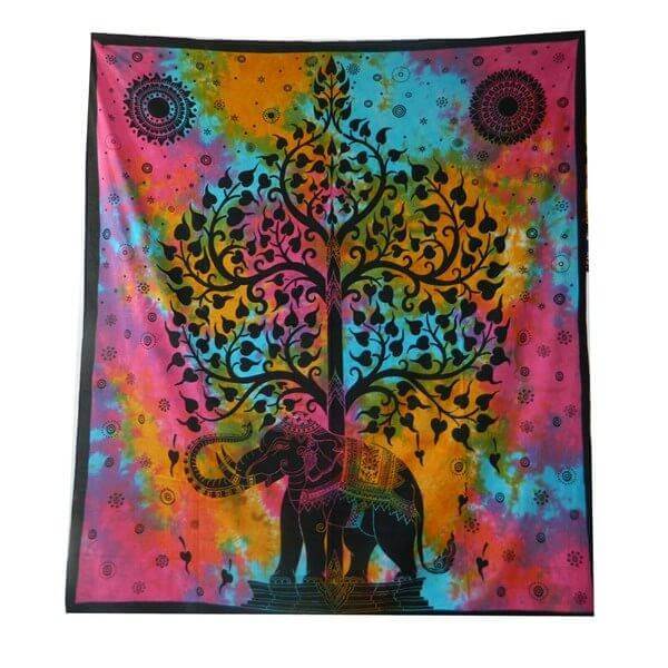 Ritualtuch Tagesdecke Wandbehang - Elefantenbaum bunt/schwarz - Normalgröße