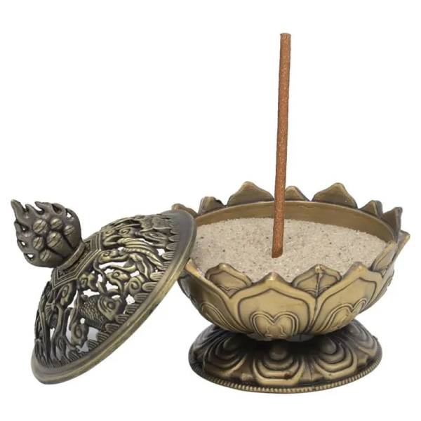 Tibetisches Räuchergefäß mit Deckel - Lotus - bronzefarben
