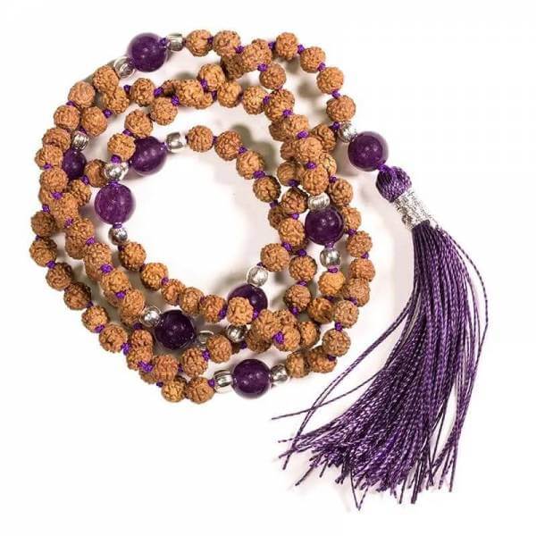 Mala Rudraksha und Amethyst 108 Perlen mit violetter Quaste