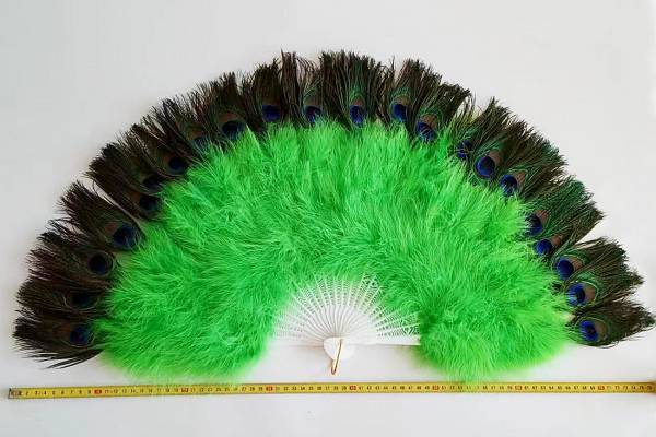 Pfauen Federfächer XL - GRÜN flauschig