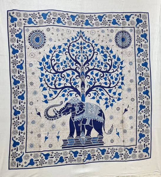 Ritualtuch Tagesdecke Wandbehang - Elefantenbaum blau/beige - Doppelt
