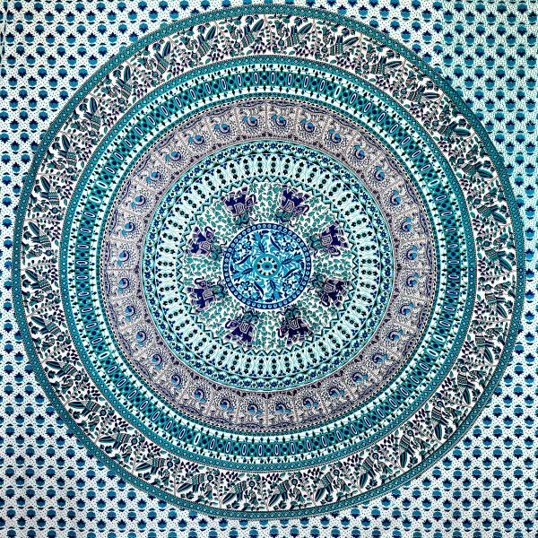 Ritualtuch Tagesdecke Wandbehang - Flower Mandala grün/blau - Doppelt
