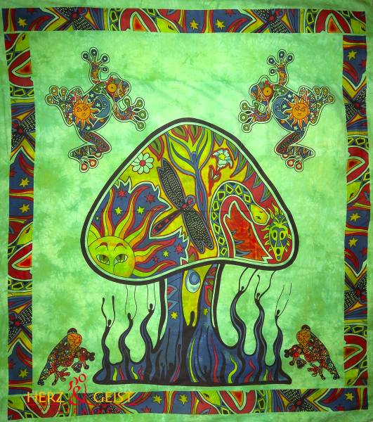 Ritualtuch Tagesdecke Wandbehang - Crazy Mushroom grün - Doppelt