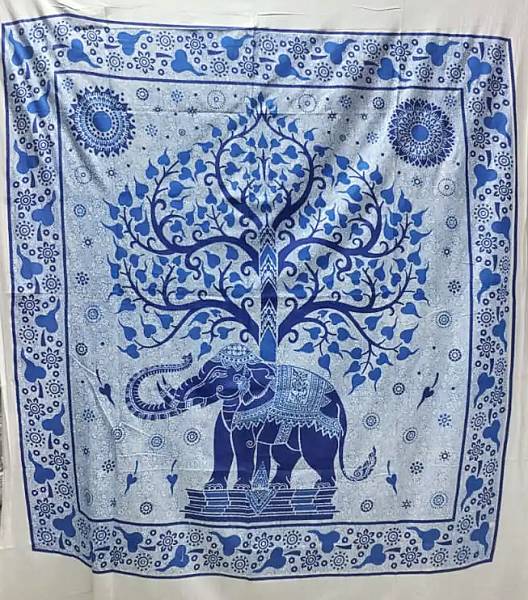 Ritualtuch Tagesdecke Wandbehang - Elefantenbaum blau-türkis - Doppelt