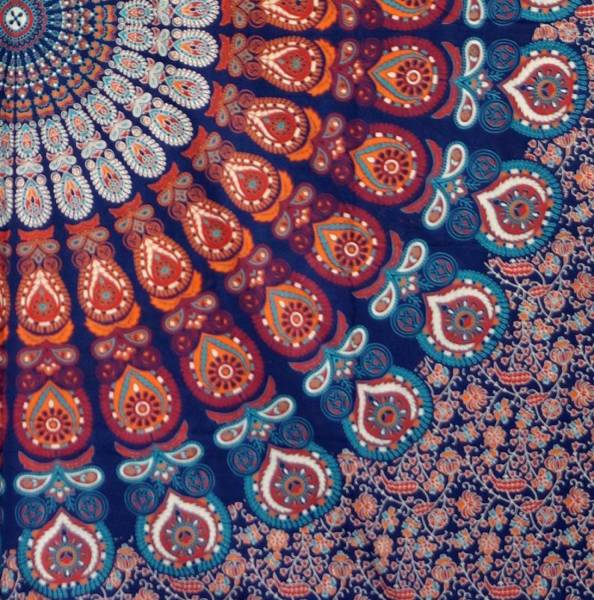 Ritualtuch Tagesdecke Wandbehang - Boho Style Mandala blau/orange - Doppelt