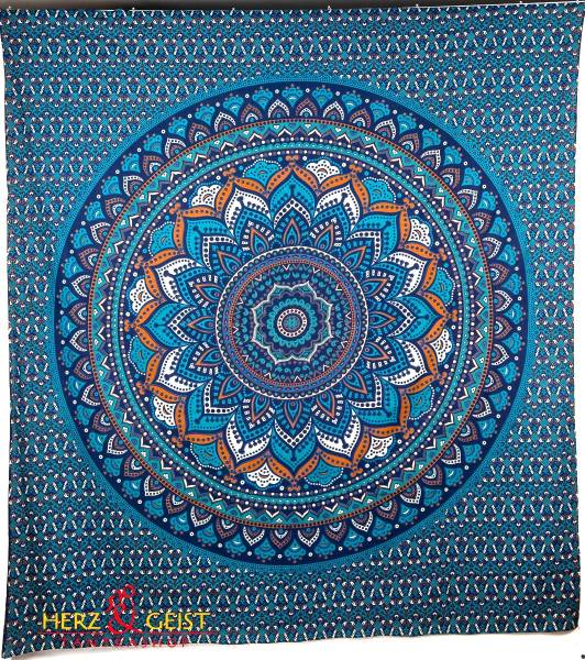 Ritualtuch Tagesdecke Wandbehang - Flower Mandala blau-türkis - Doppelt