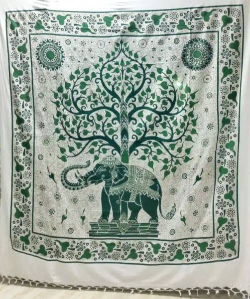 Ritualtuch Tagesdecke Wandbehang - Elefantenbaum grün/weiß - Doppelt