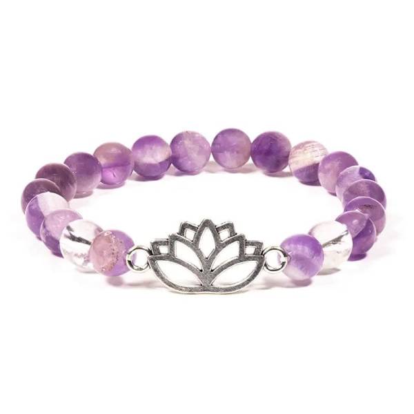 Armband - Amethyst / Bergkristall mit Lotos - elastisch