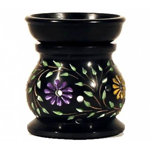 Duftlampe | Ölwärmer - bunte Blumen - Speckstein schwarz
